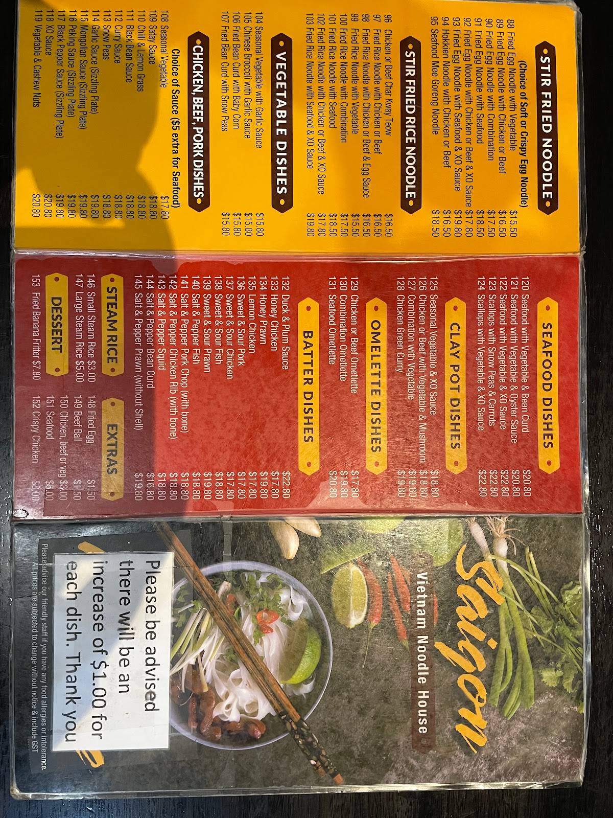 Menu at Saigon Noodle House restaurant, Ballarat Central