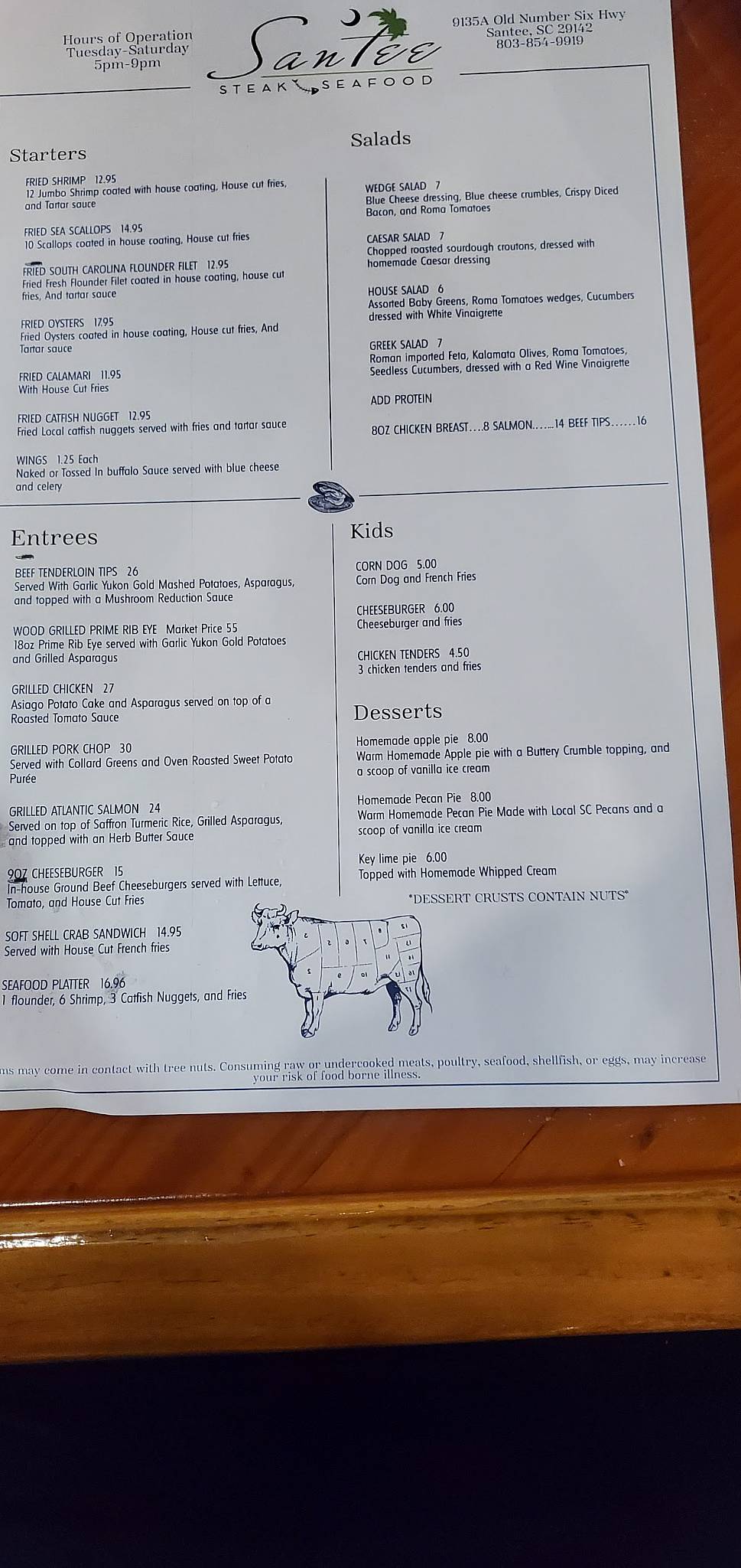 Menu at Santee Steak & Seafood steakhouse, Santee