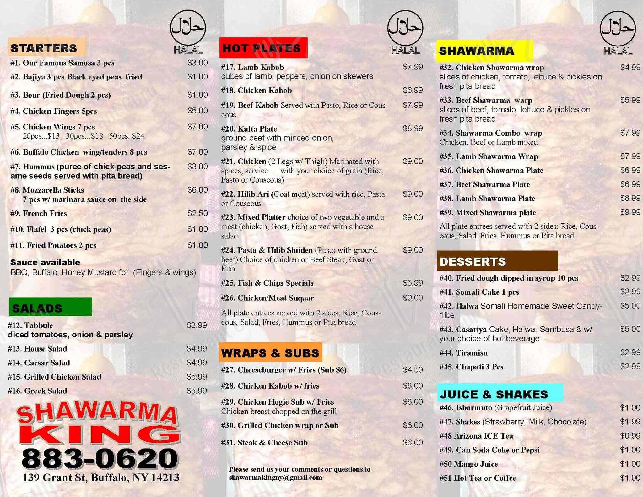 Carta del restaurante Shawarma King, Bufalo, 139 Grant St