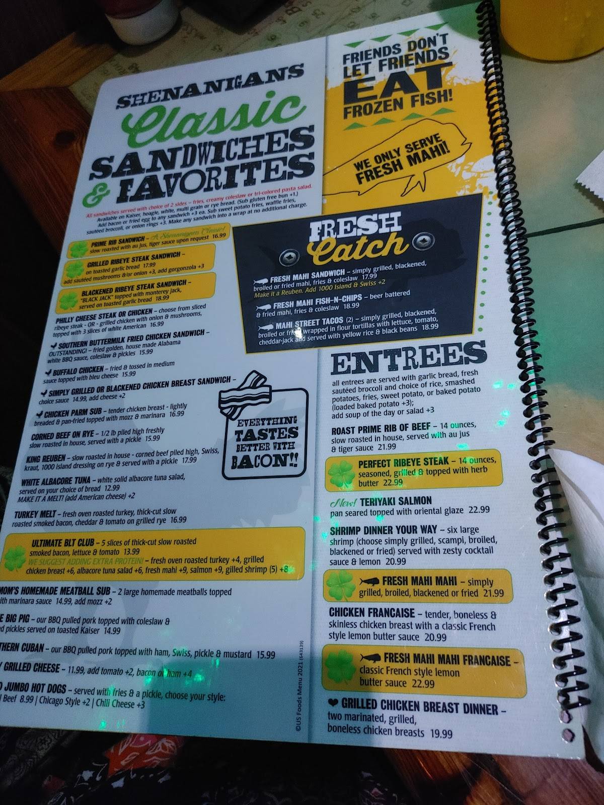 Menu at Shenanigans Sports Pub, Dania Beach, S Federal Hwy