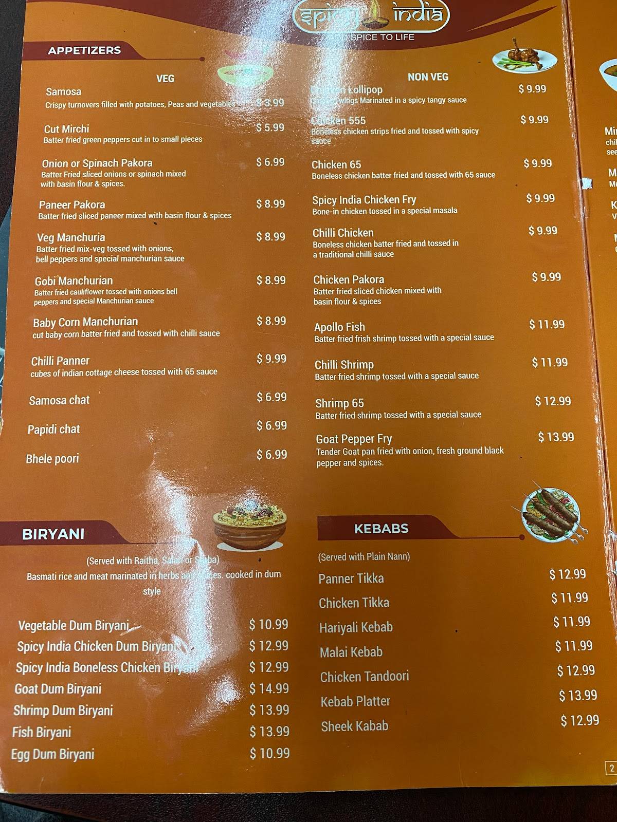 Menu at Spicy India restaurant, Abilene, 243 W Stamford St