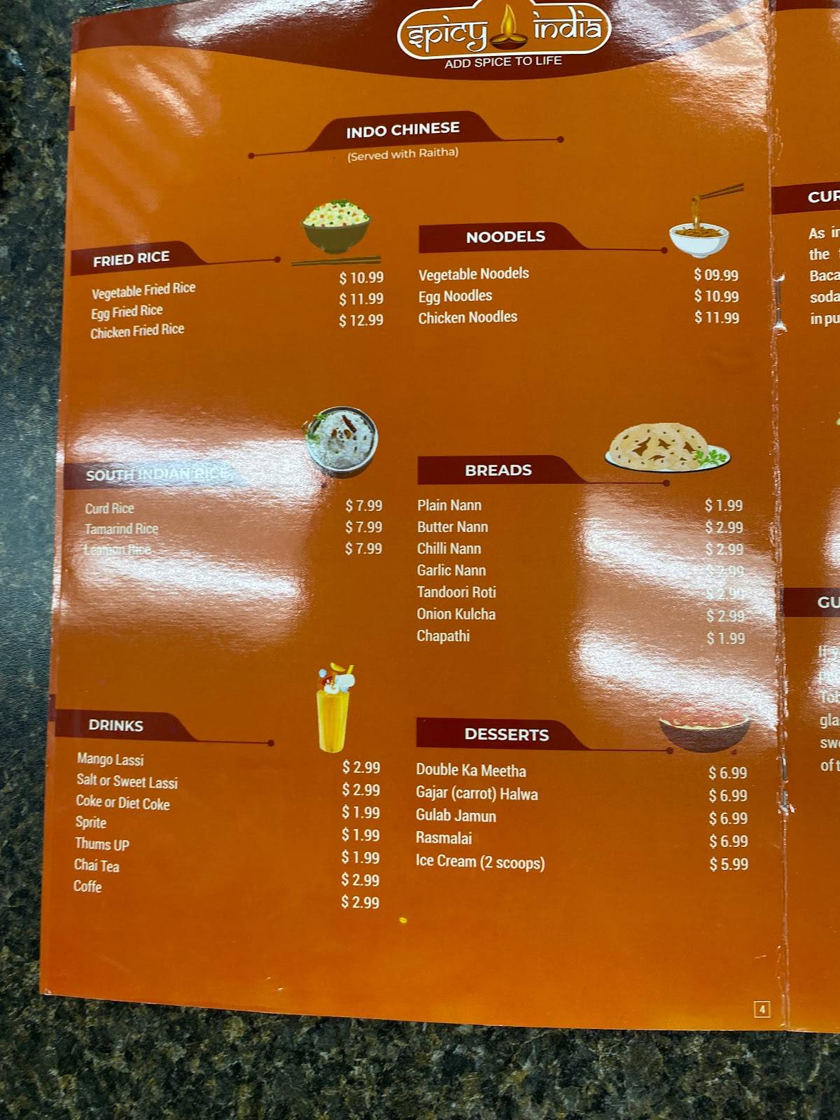 Menu at Spicy India restaurant, Abilene, 243 W Stamford St