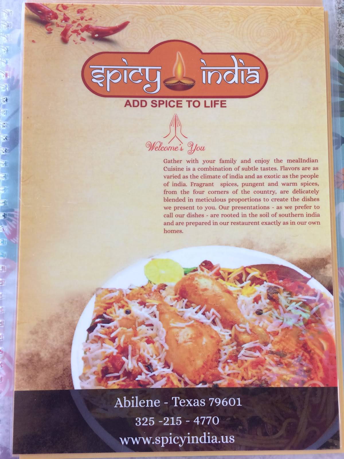 Menu at Spicy India restaurant, Abilene, 243 W Stamford St