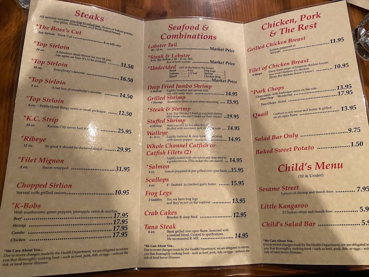 Menu at Steak Inn steakhouse, Shell Knob, Waters Edge Dr