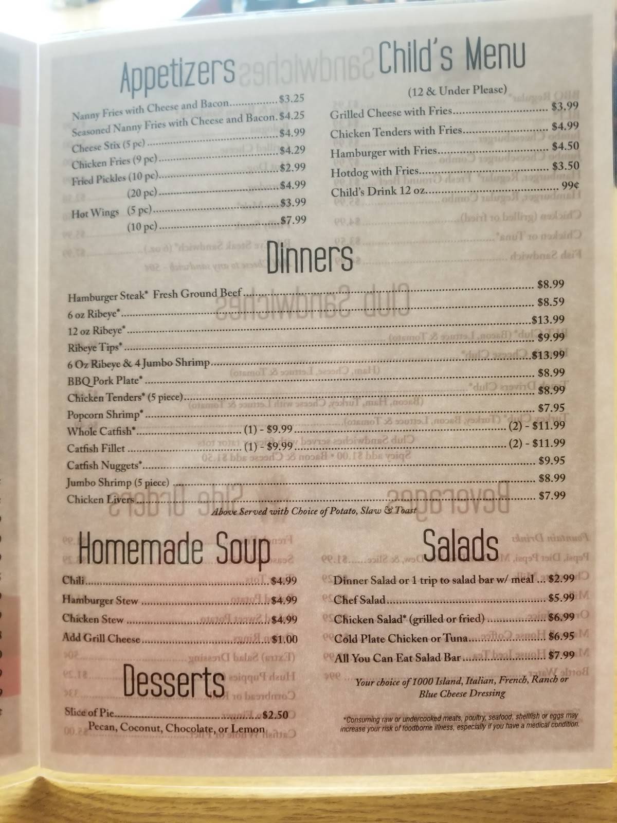 Menu at Steak N' Biscuit steakhouse, Moulton, AL157