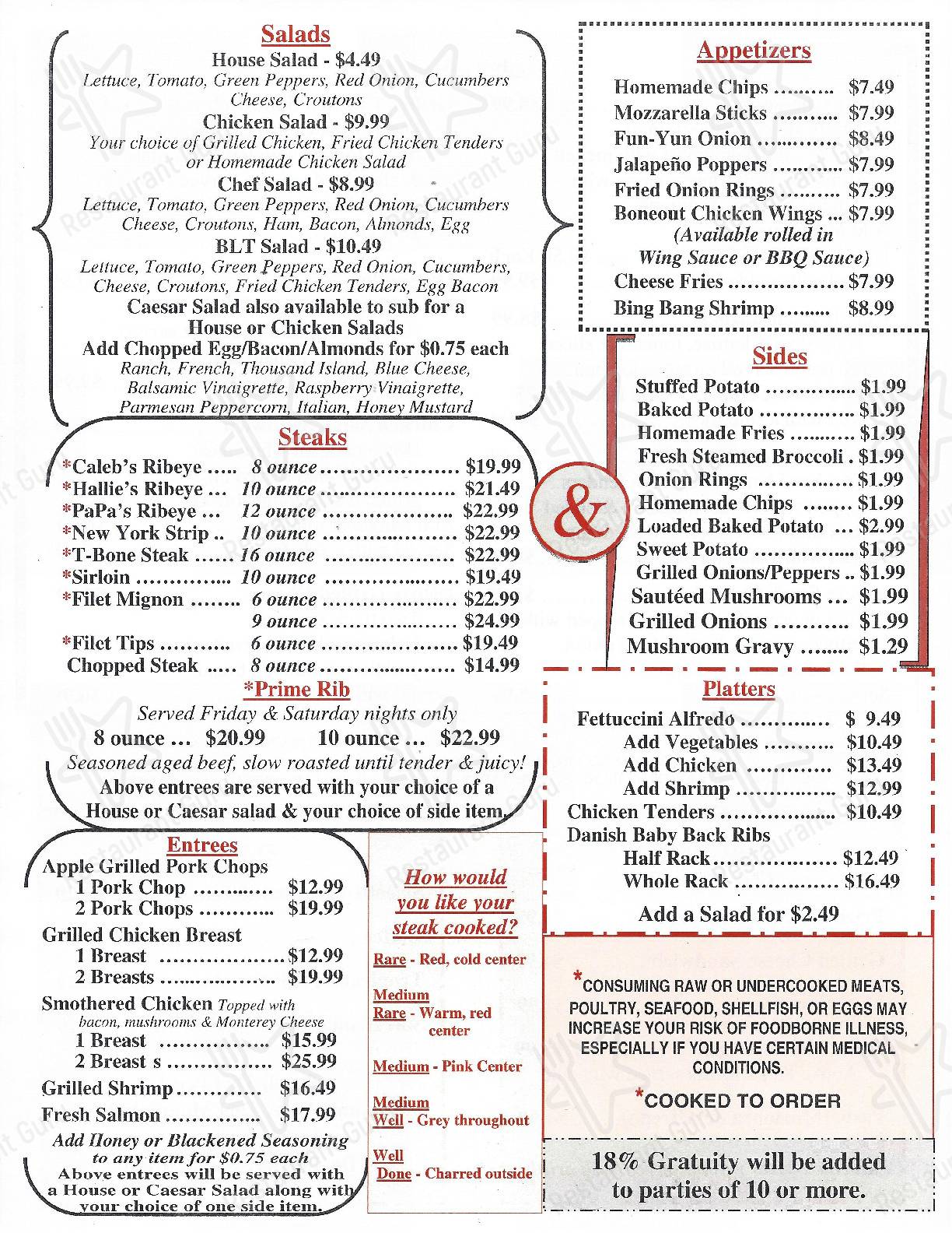 Menu at Hayley Bales Steakhouse, Siler City