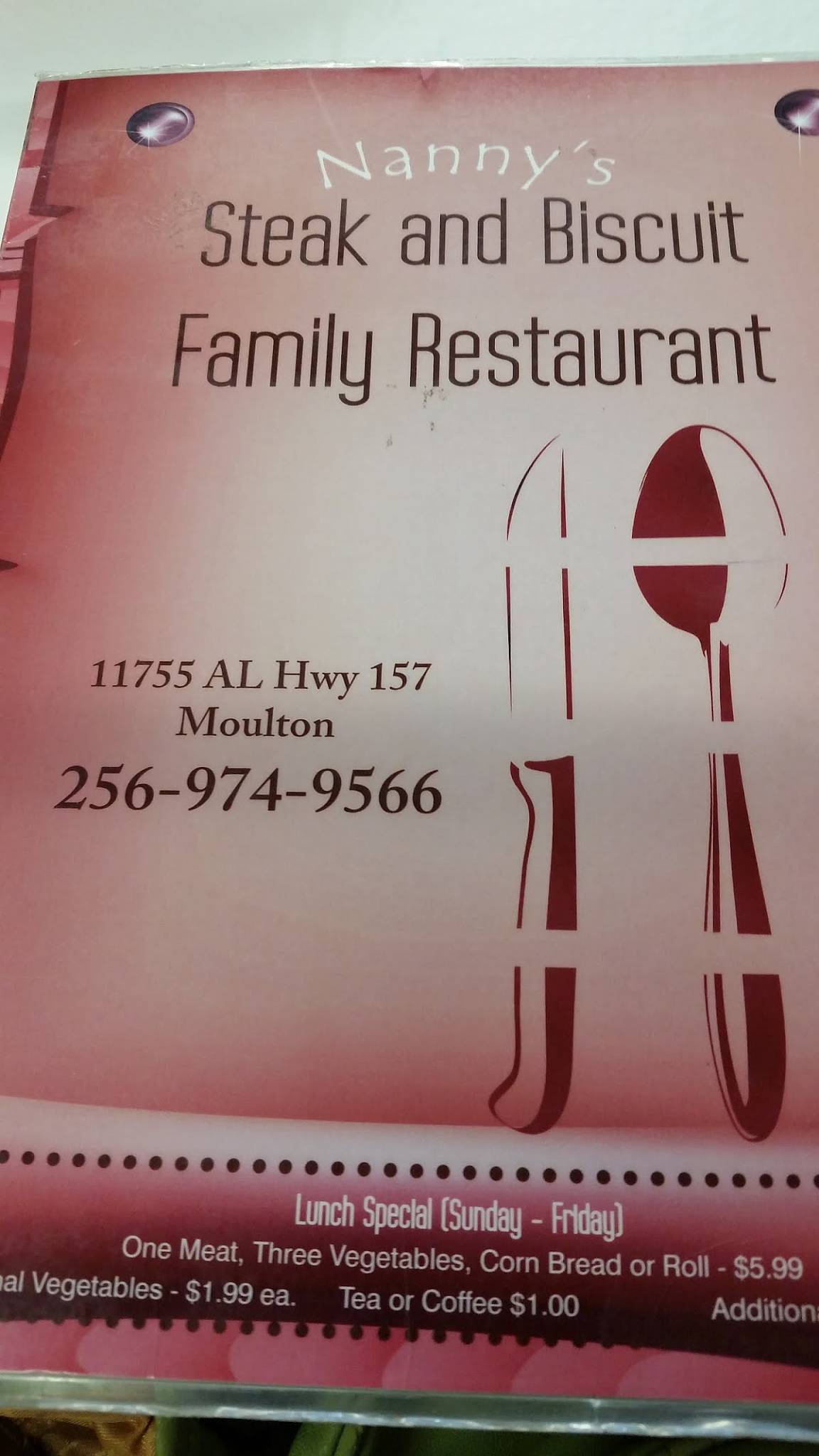 Menu at Steak N' Biscuit steakhouse, Moulton, AL157