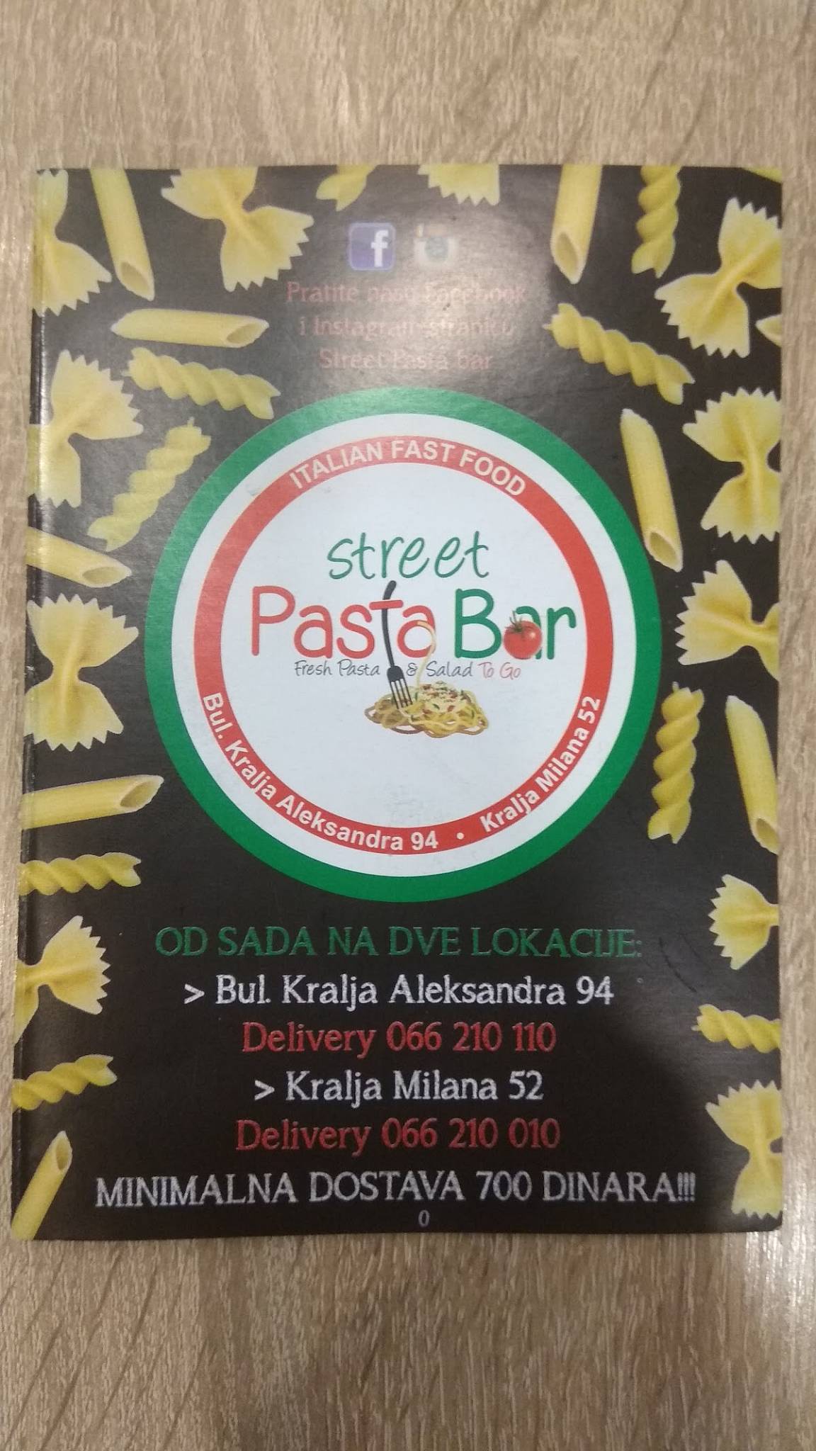 Menu at Street Pasta Bar Kralja Milana 52 Slavija, Belgrade