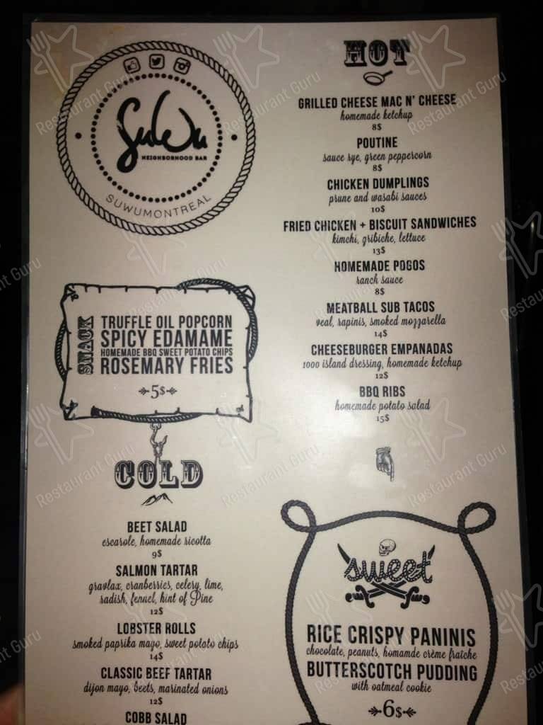 Menu at SuWu pub & bar, Montréal