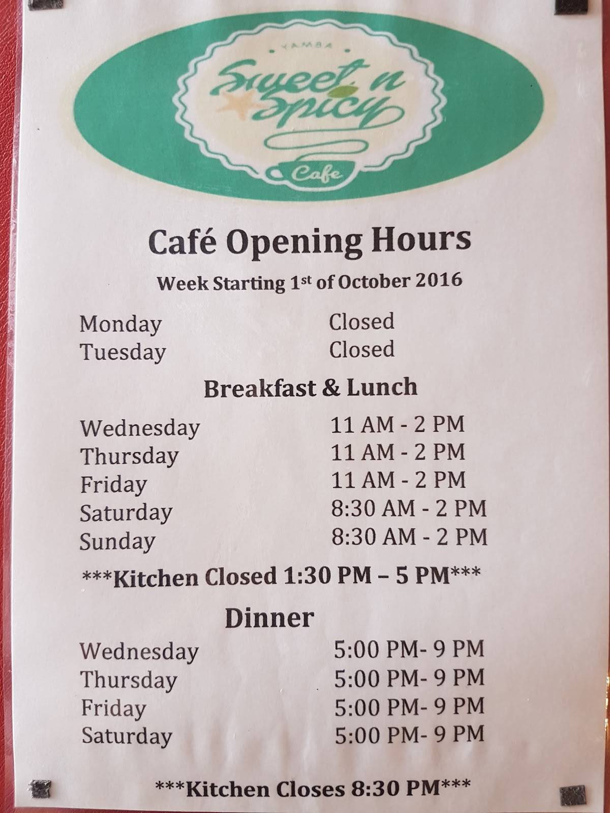 Menu at Sweet and Spicy restaurant, Yamba