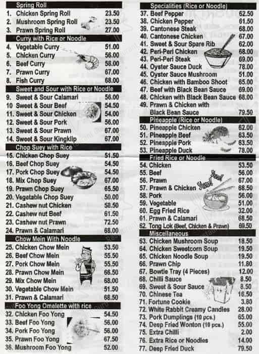 Menu at Tong Lok restaurant, Durban