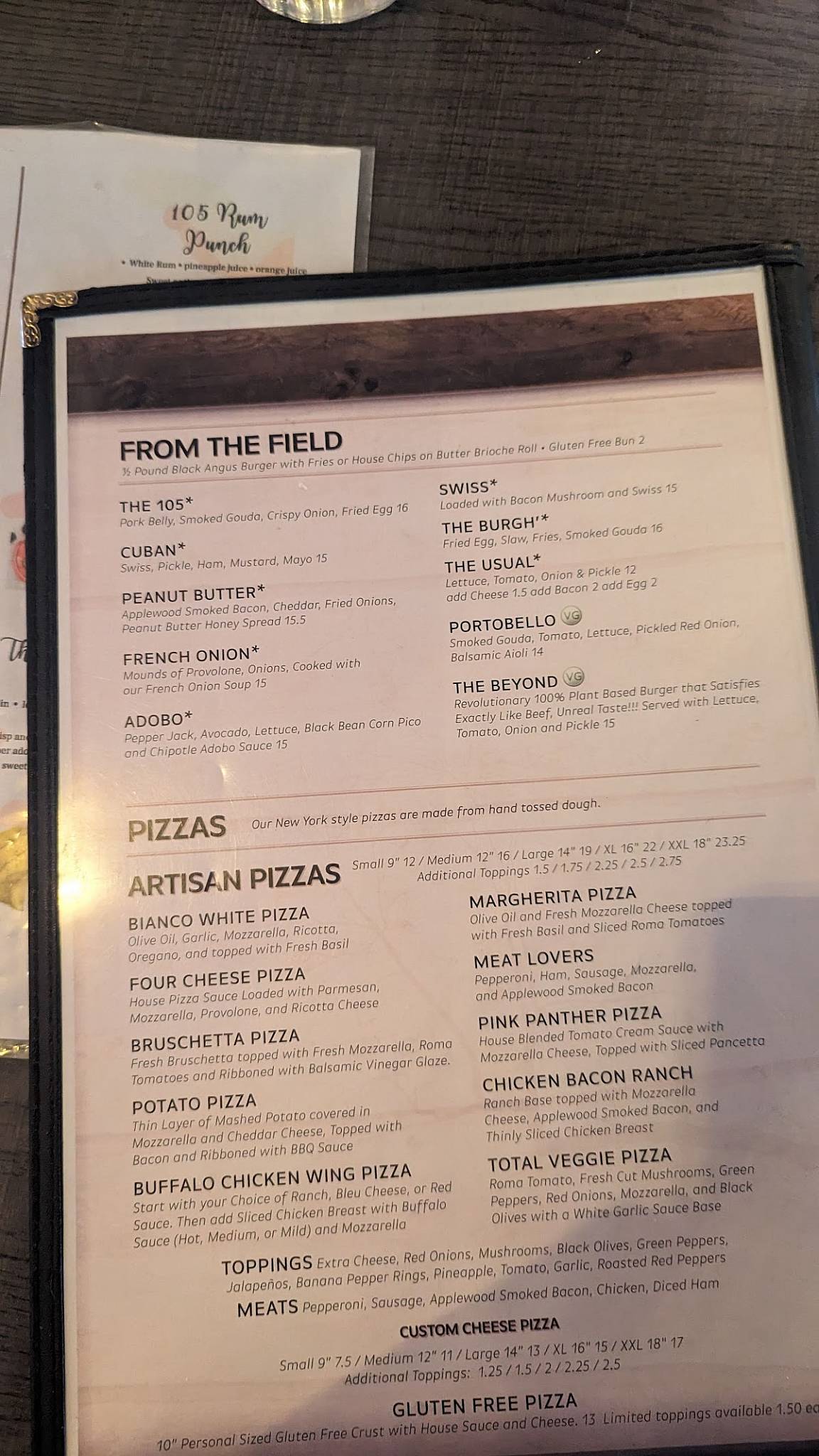 Menu at Table 105 pub & bar, Kane