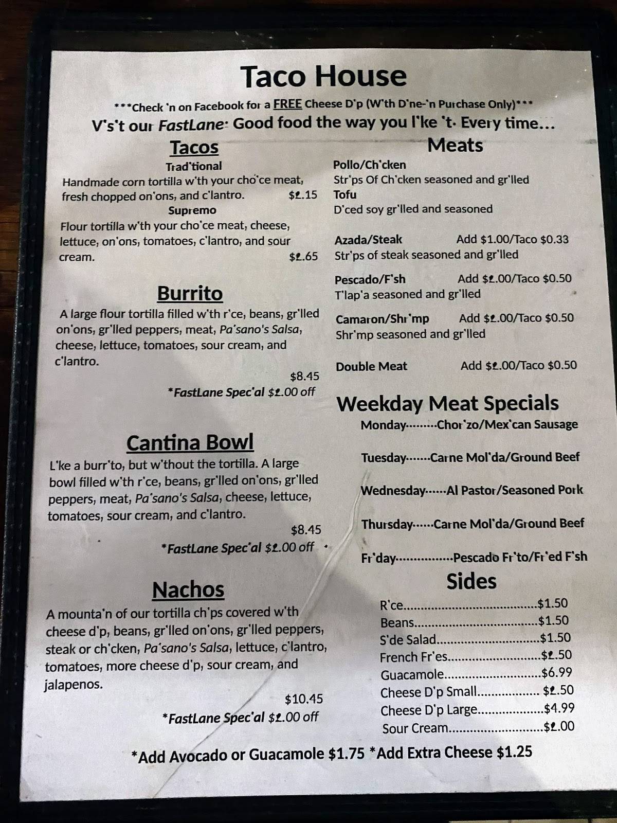 Menu at Taco House restaurant, Calhoun, 803 S Wall St