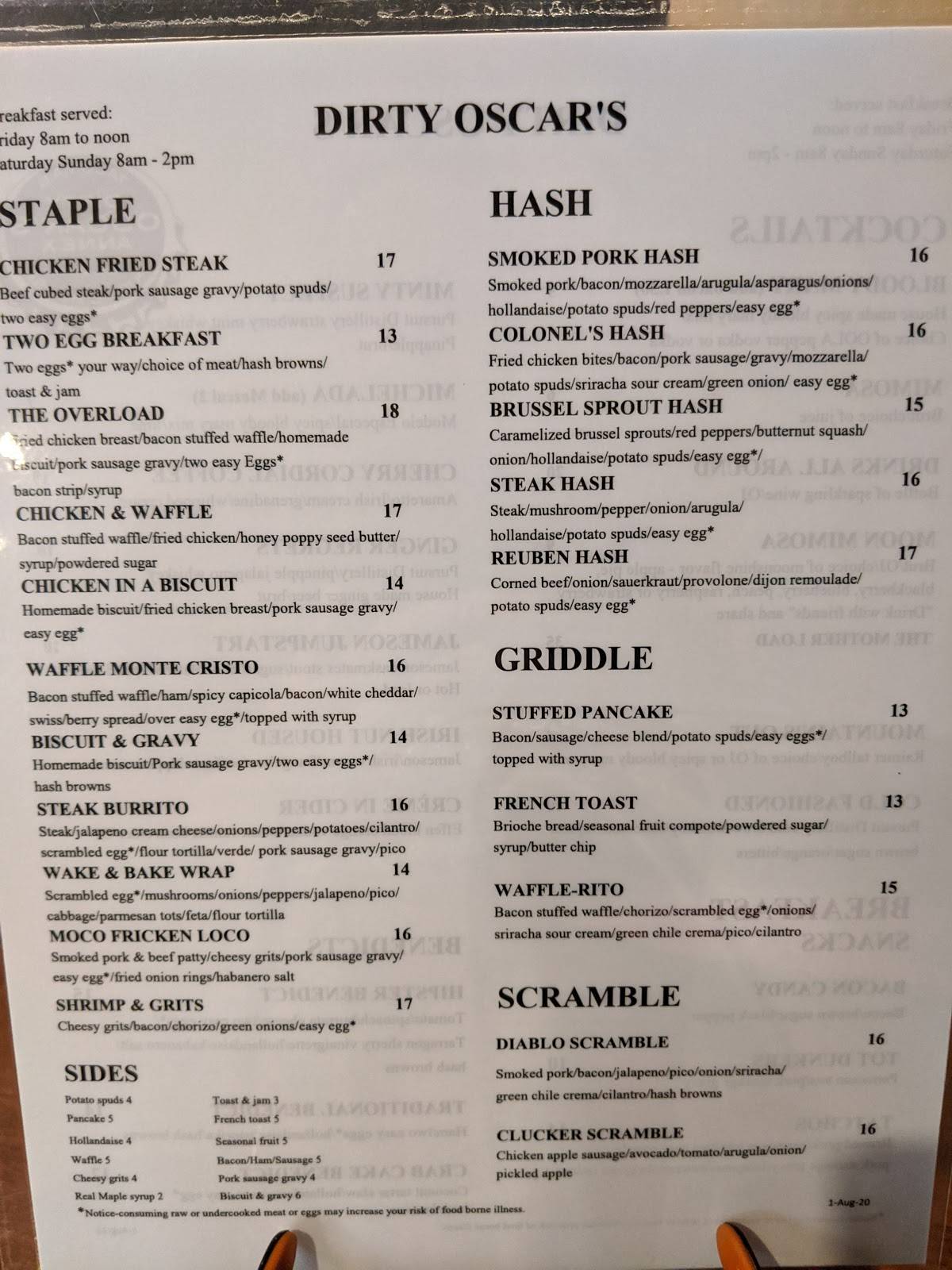 Menu at Dirty Oscar's Annex restaurant,