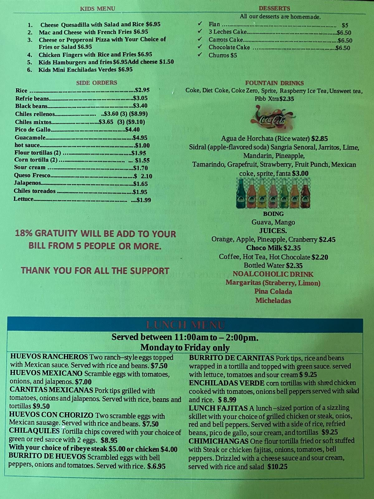 Menu at Tequila Mexican Grill & Bar, Lancaster, 805 A Rohrerstown Rd