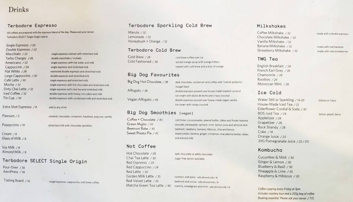 Menu at Terbodore Café Franschhoek cafe, Franschhoek