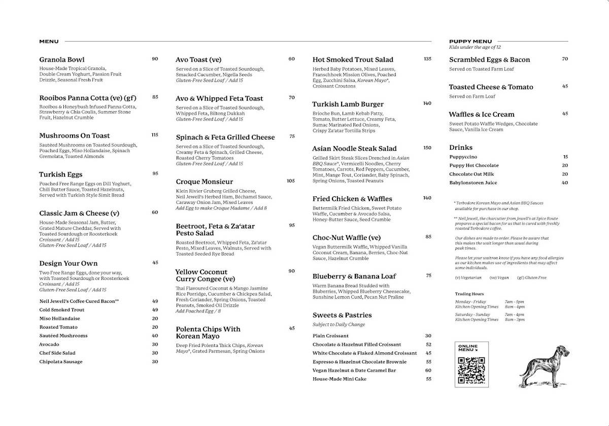 Menu at Terbodore Café Franschhoek cafe, Franschhoek