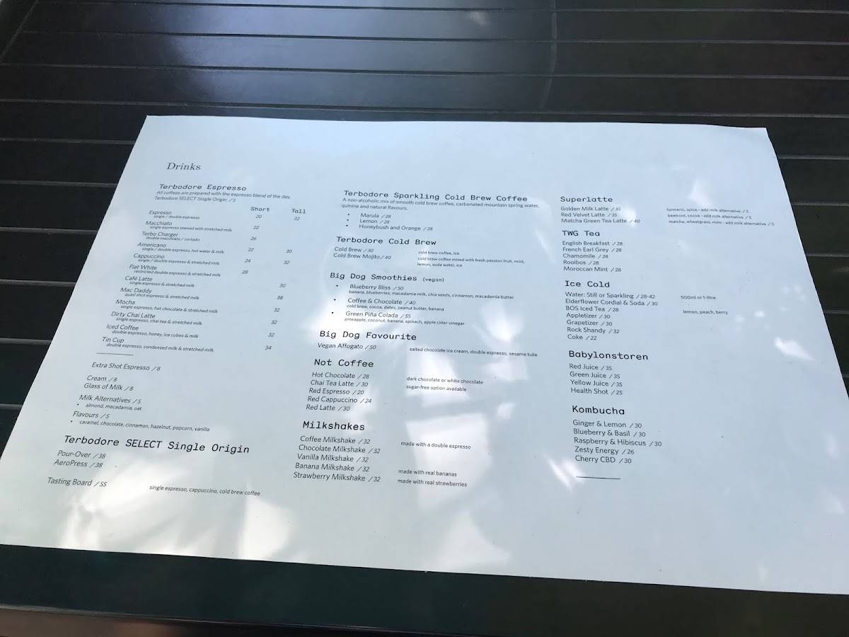 Menu at Terbodore Café Franschhoek cafe, Franschhoek
