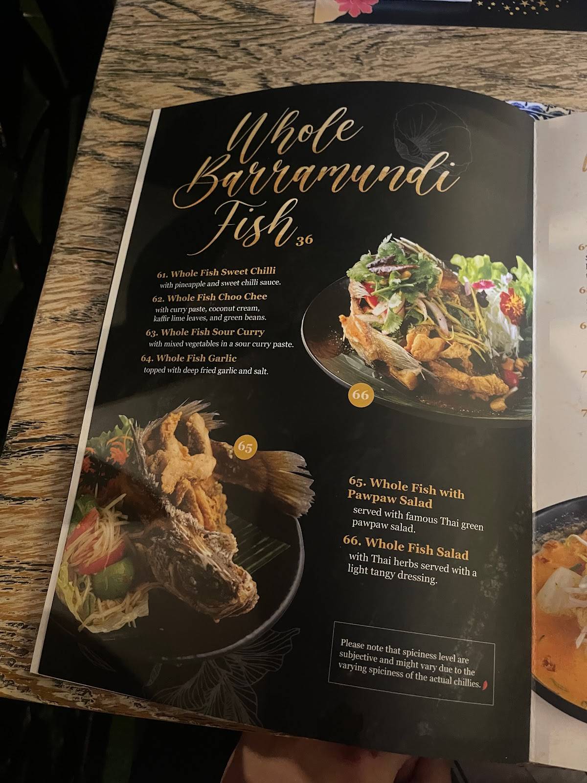Menu at Thai Naramit restaurant, Hendra