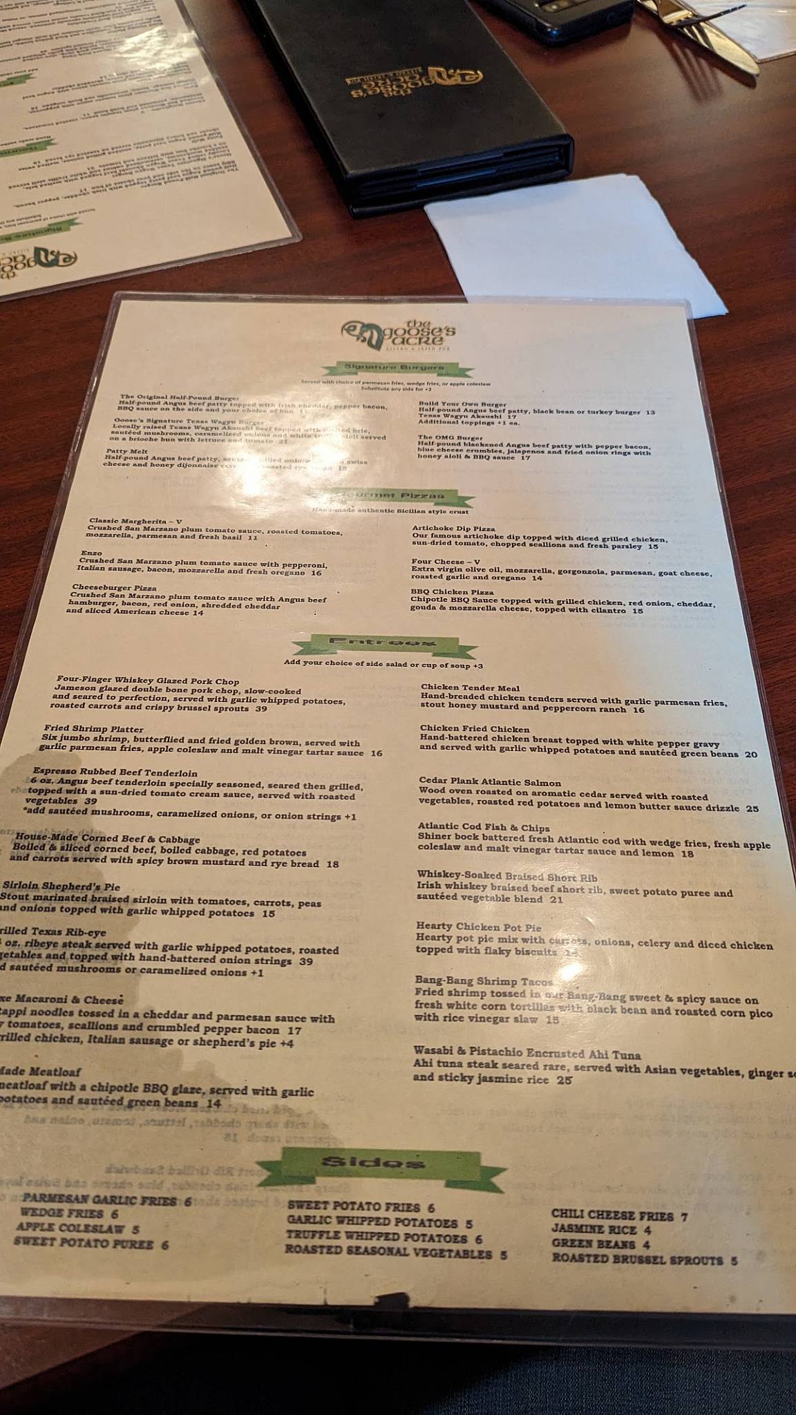 Menu At The Gooses Acre Pub And Bar The Woodlands 21 Waterway Ave