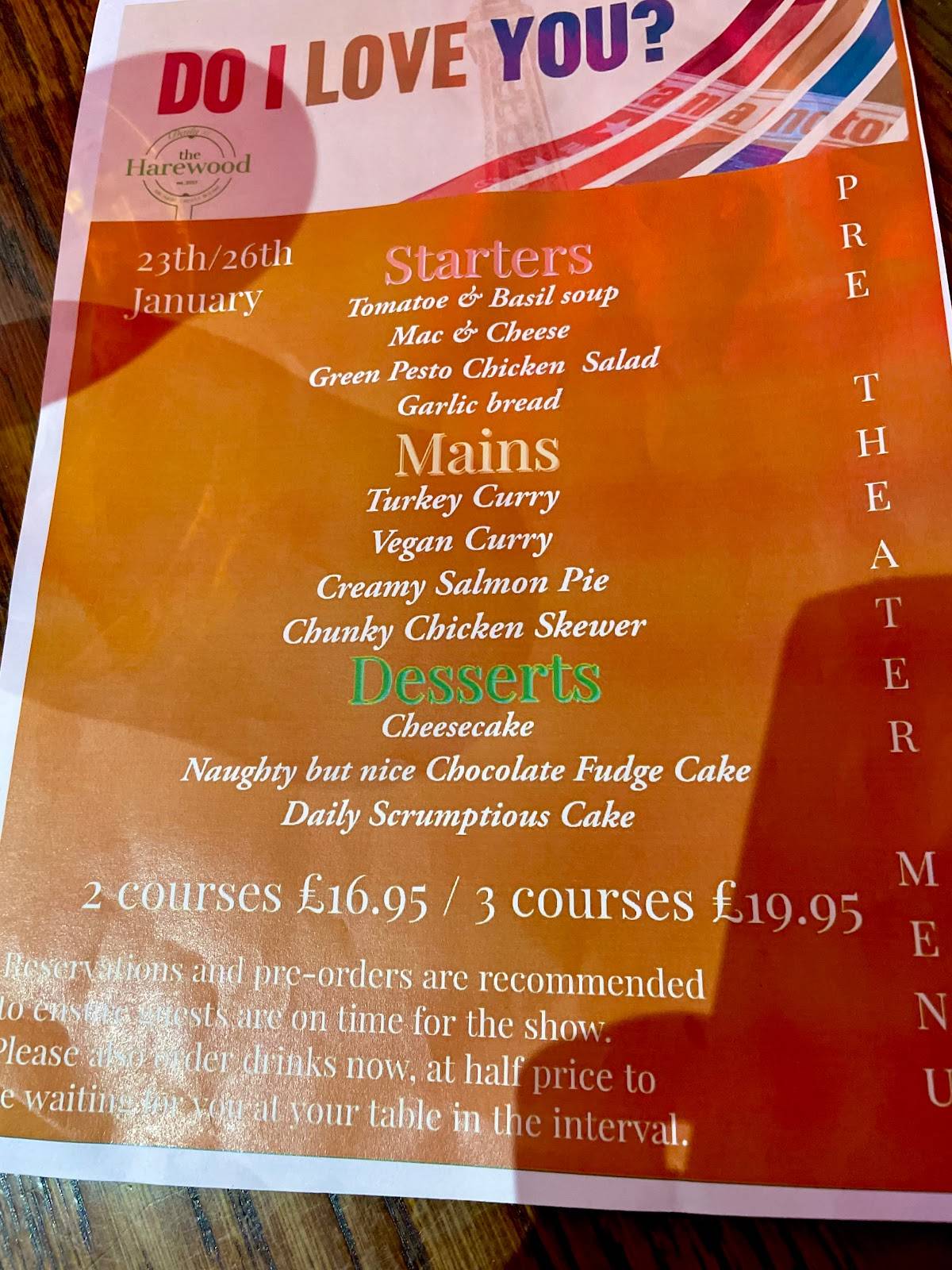 Menu at The Harewood restaurant, Doncaster