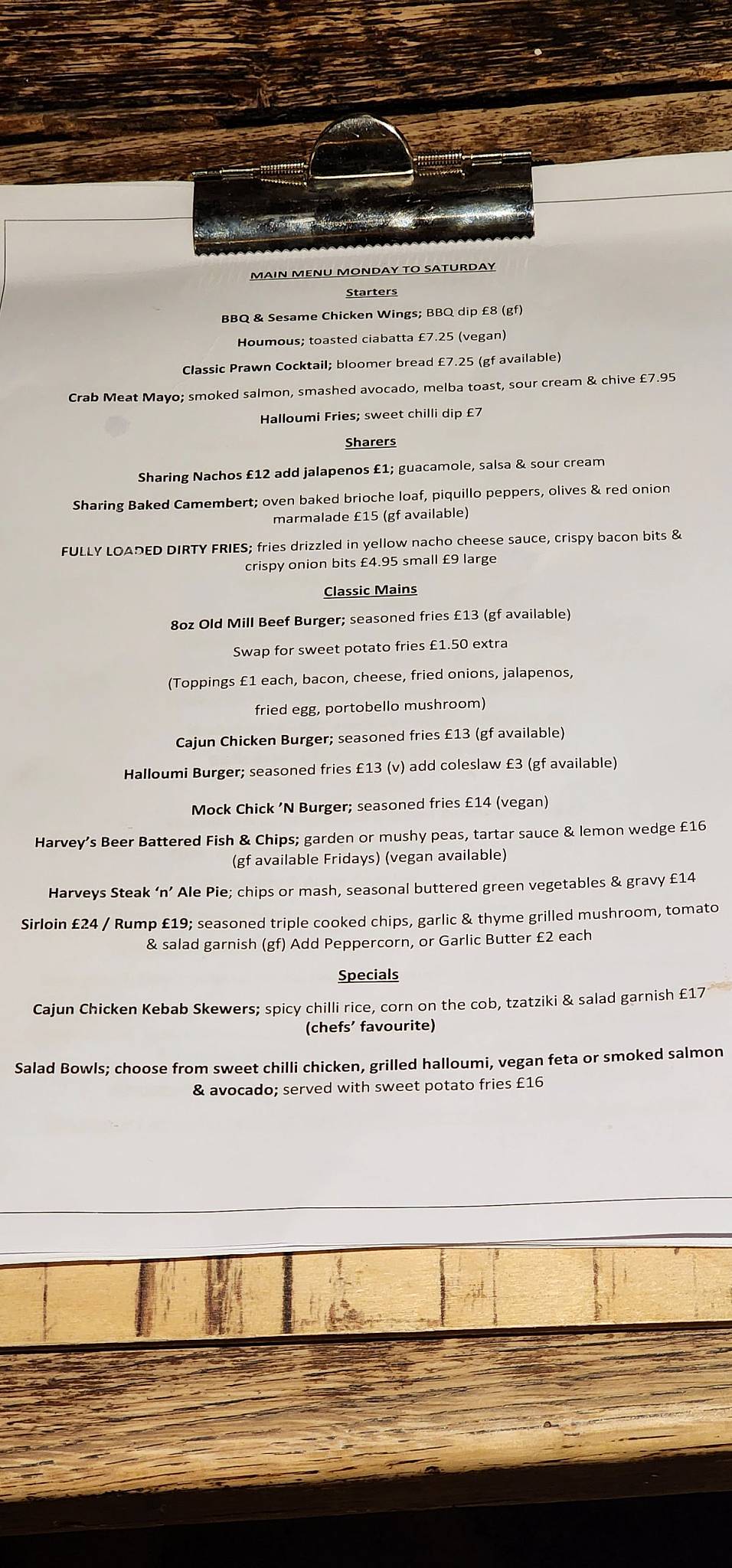 Menu at The Old Dunnings Mill pub & bar, East Grinstead