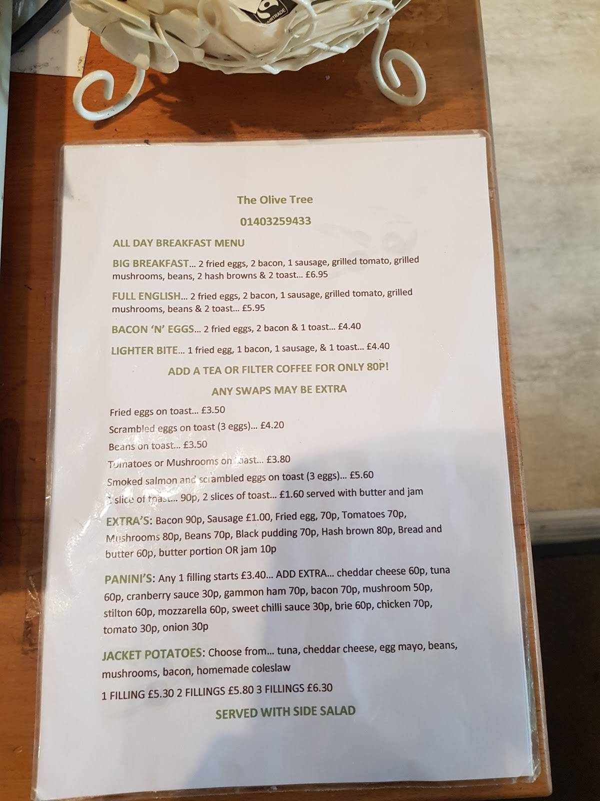 Menu at The Olive Tree cafe, Horsham, Shopping Precinct