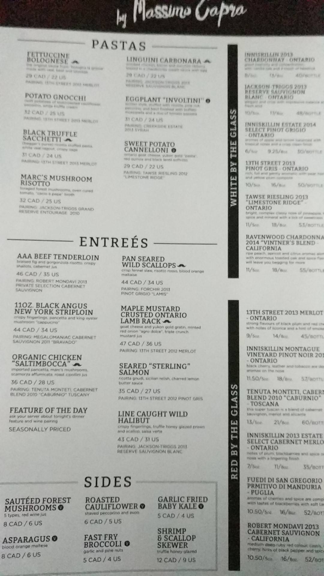 Menu at The Rainbow Room restaurant, Niagara Falls