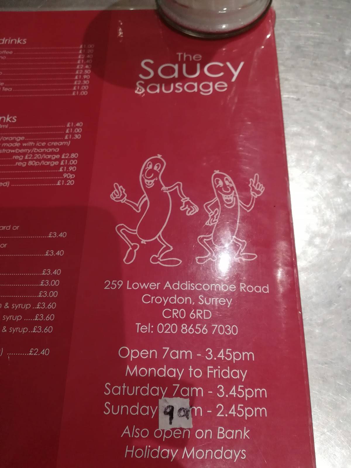 Menu at The Saucy Sausage cafe, Croydon, 259 Lower Rd
