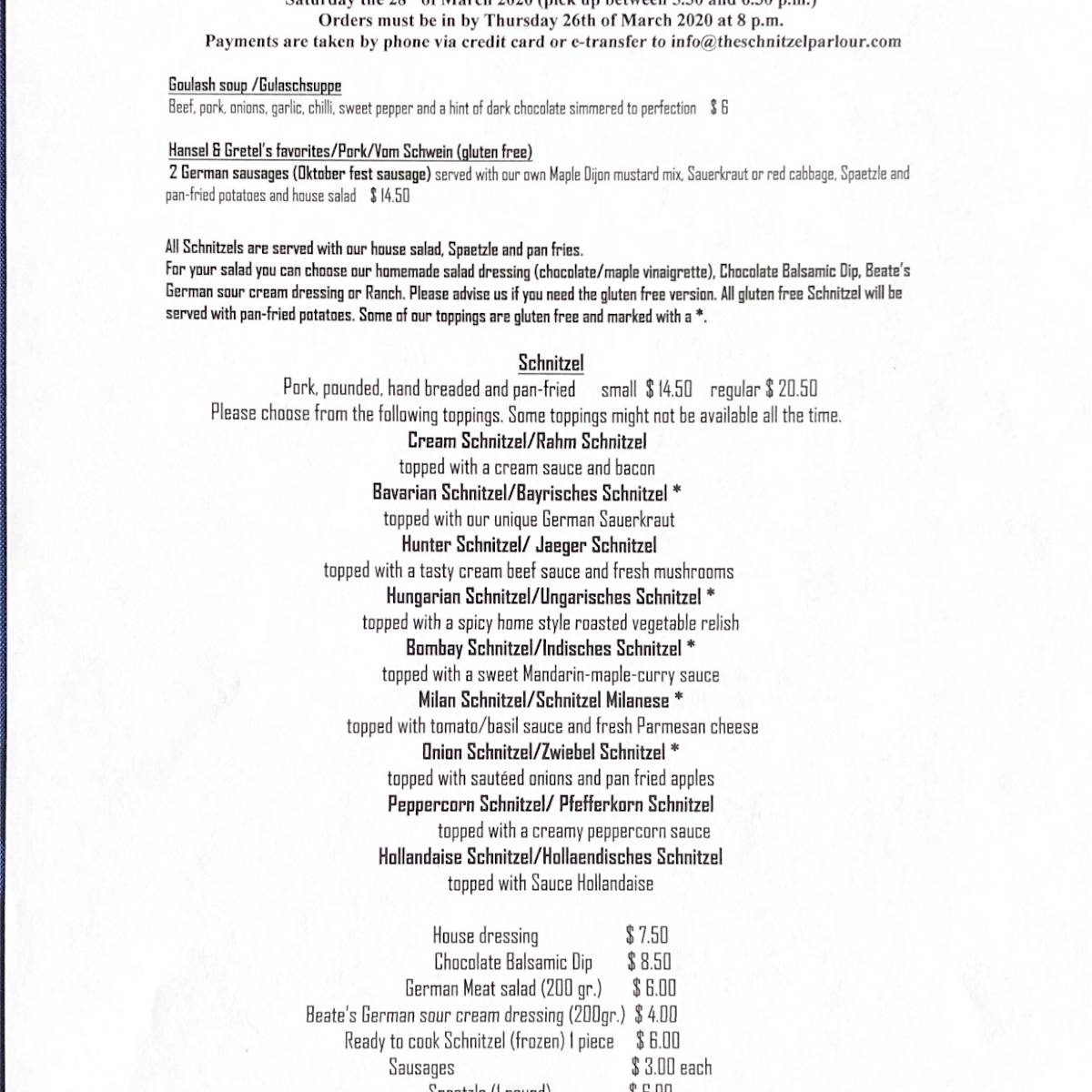 Menu at The Schnitzel Parlour restaurant, Fredericton, 304 Union St