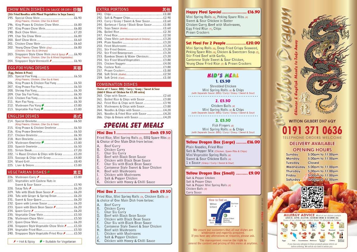 Menu at The Yellow Dragon fast food, Witton Gilbert, Sacriston Ln