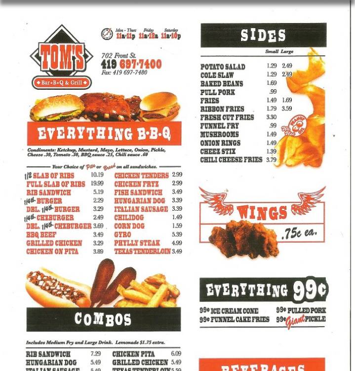 Menu at Tom's B.B.Q & Grill BBQ, Toledo