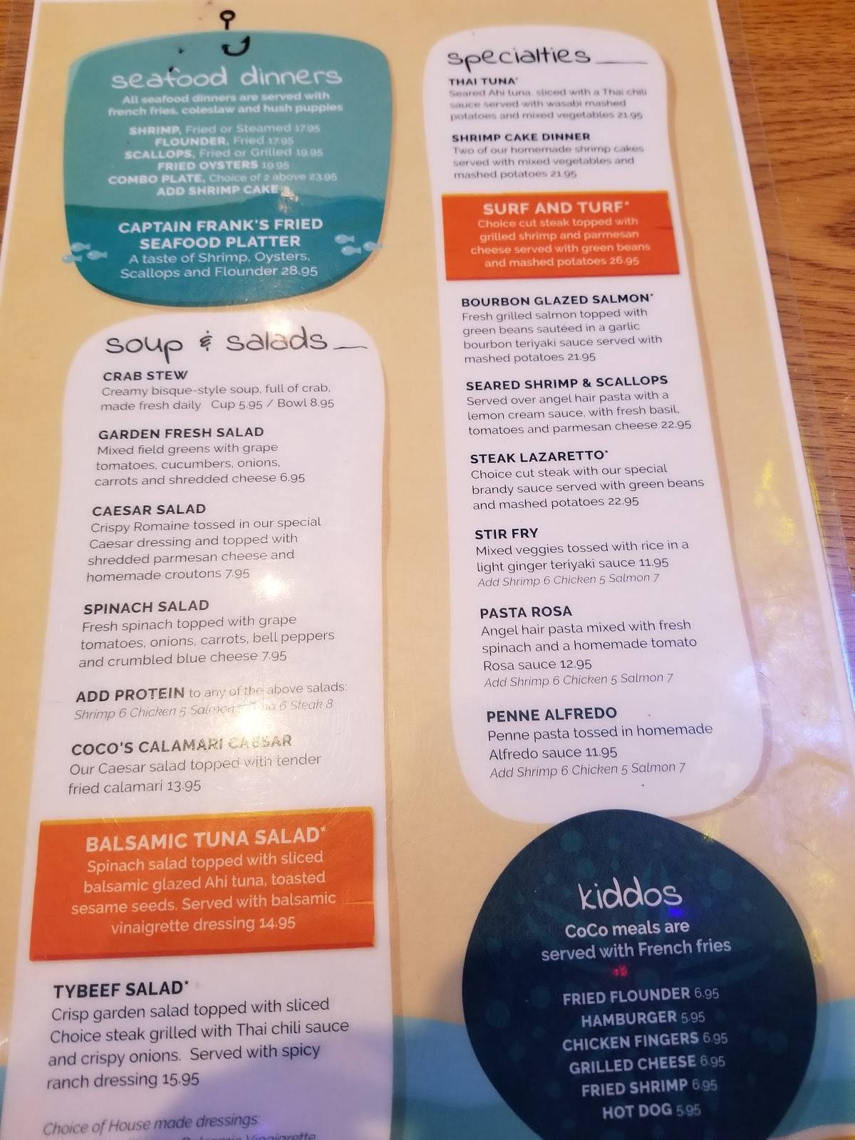 Menu at CoCo's Sunset Grille pub & bar, Tybee Island