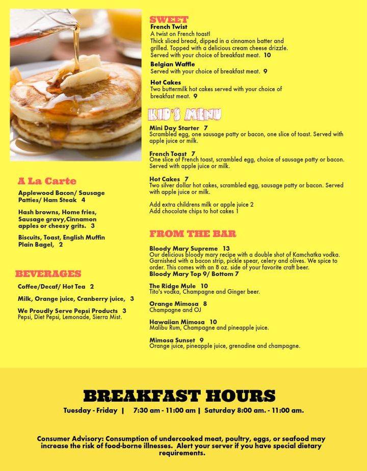 Menu at The Ridgewood Cafe, Springfield, N Plum St