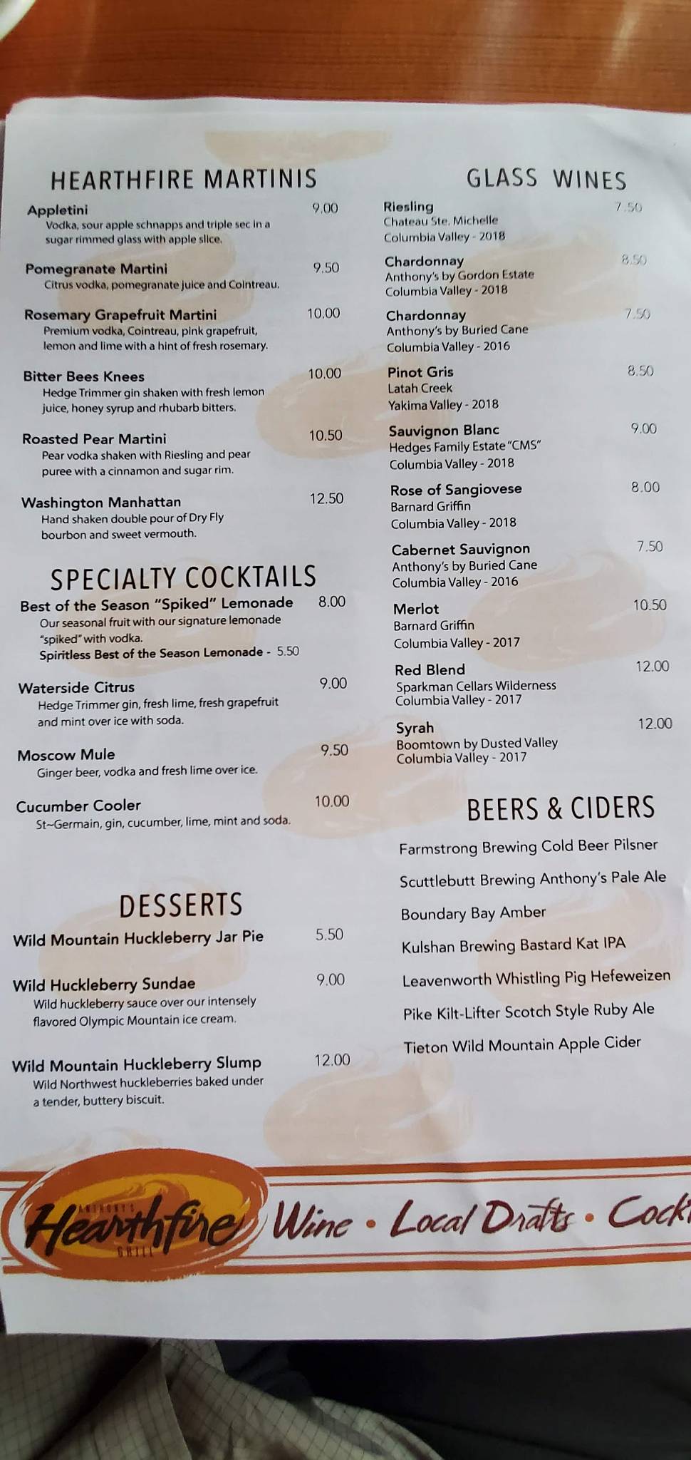 Menu at Anthony's Hearthfire Grill, Bellingham steakhouse, Bellingham