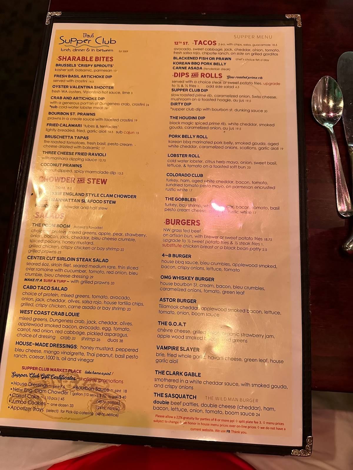 Menu at T. Paul's Supper Club, Astoria