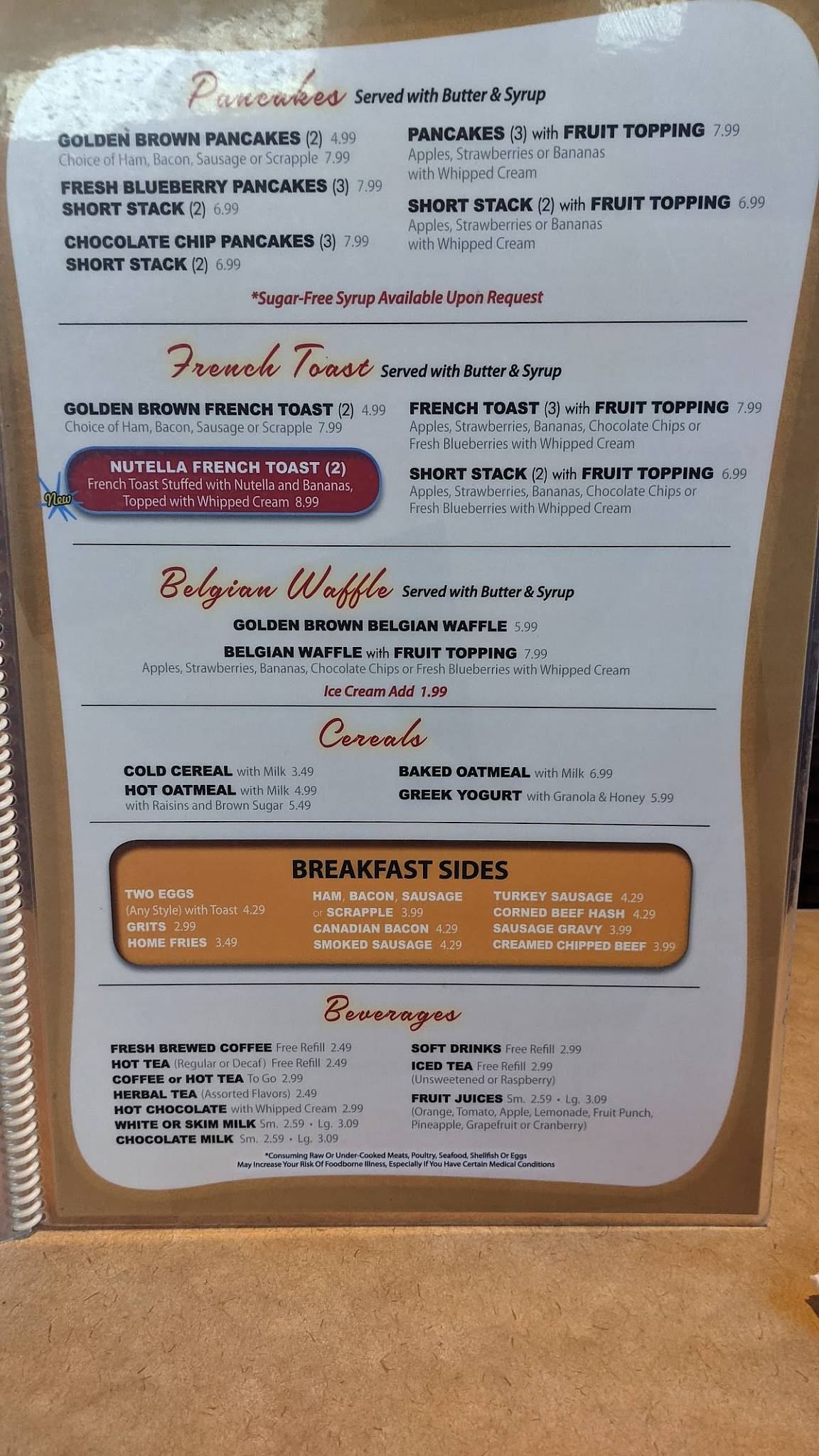 Menu at Baker's Diner restaurant, Dillsburg