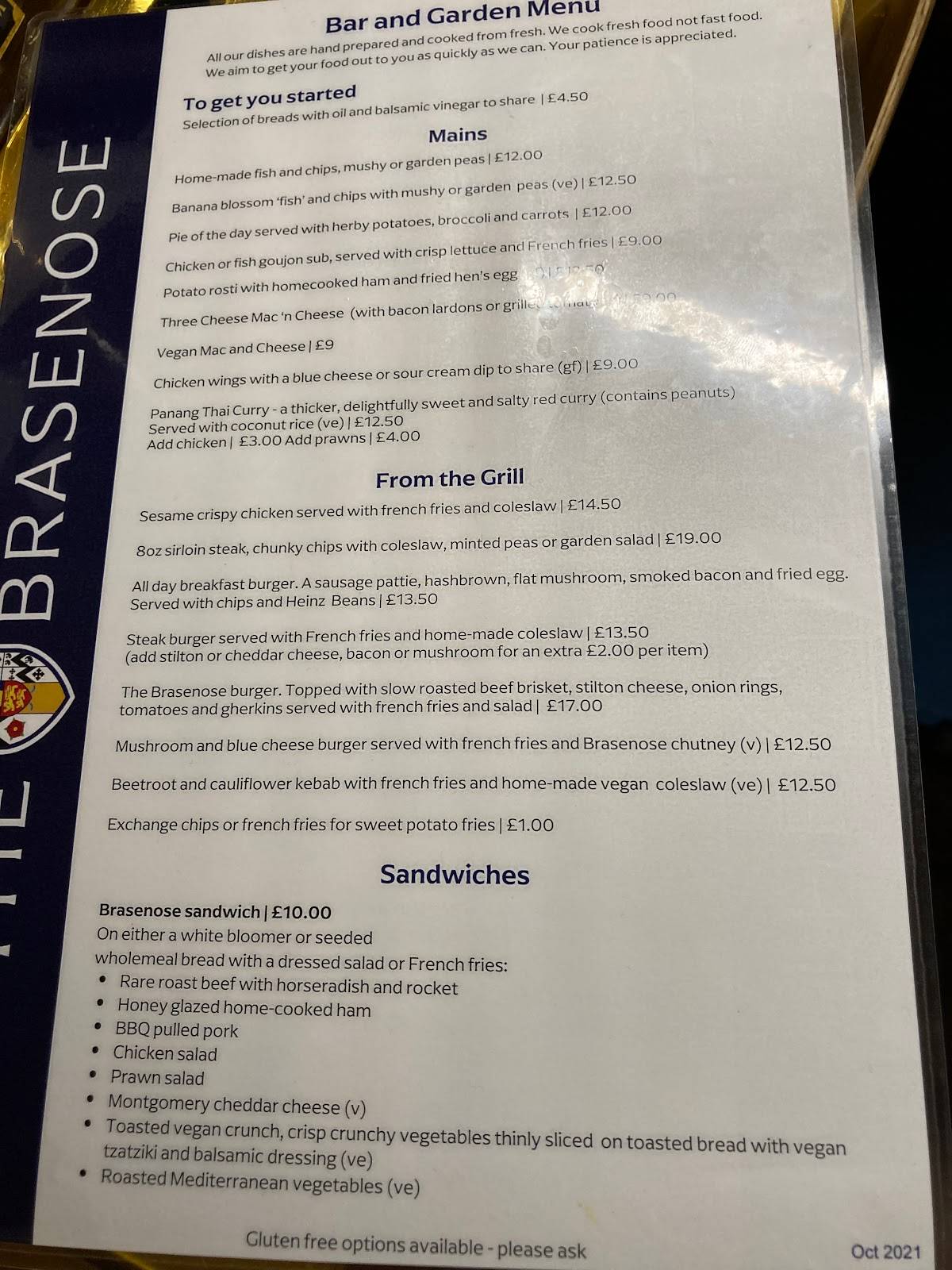 Menu at The Brasenose Arms pub & bar, Banbury