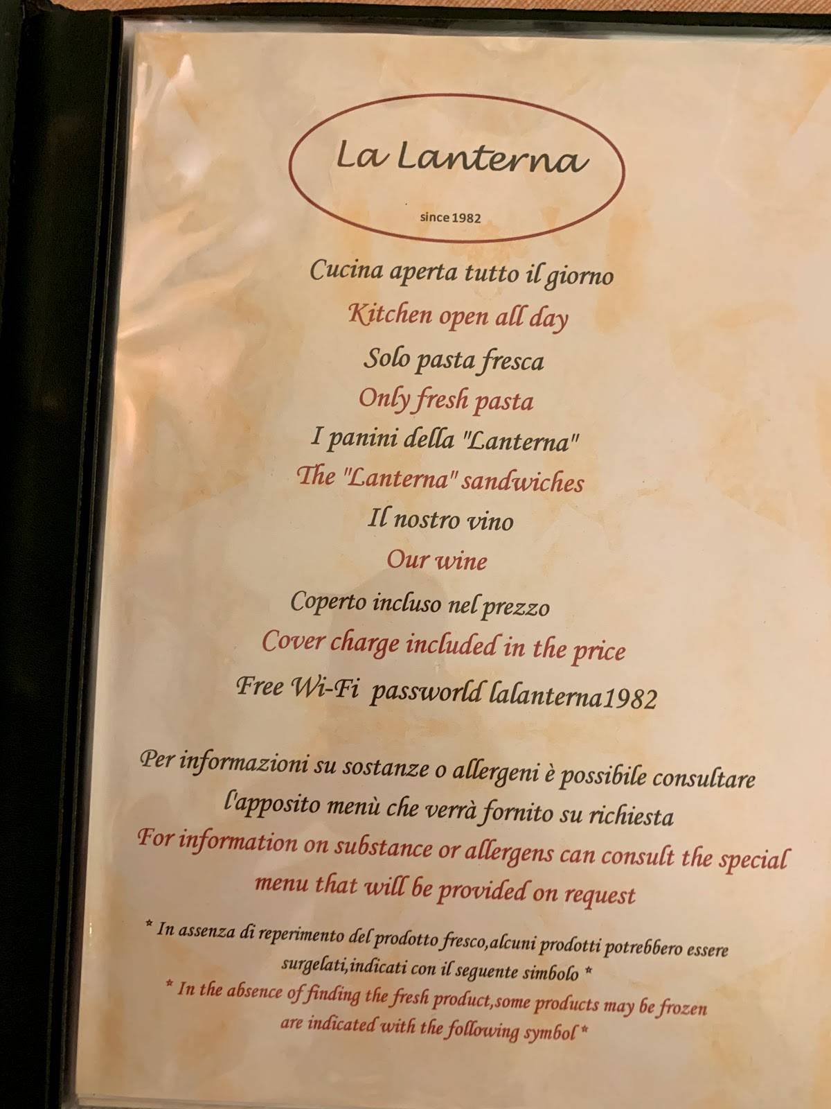 Menu da La Lanterna Bellagio ristorante, Bellagio