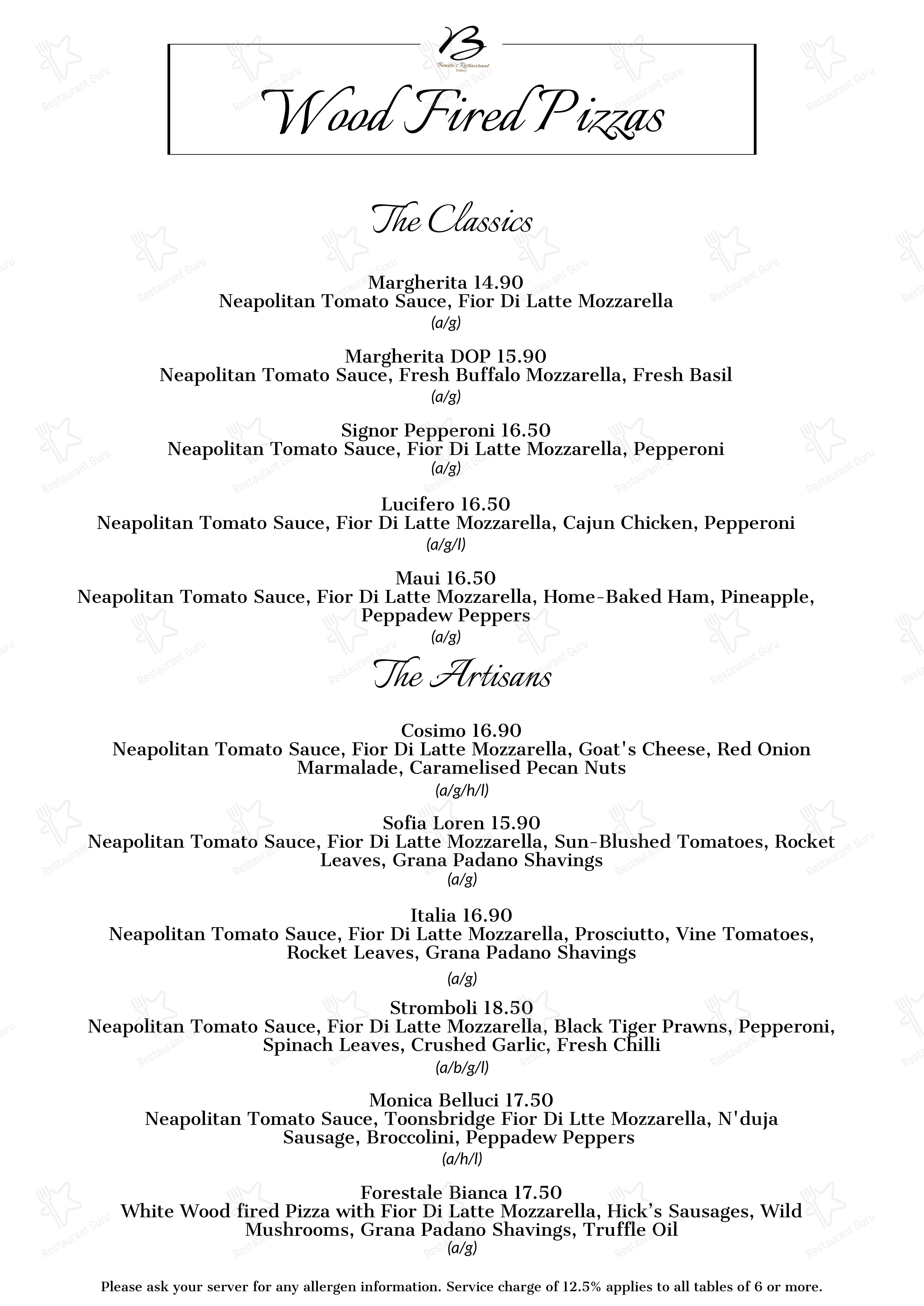 Menu at Benito's Restaurant, Dublin