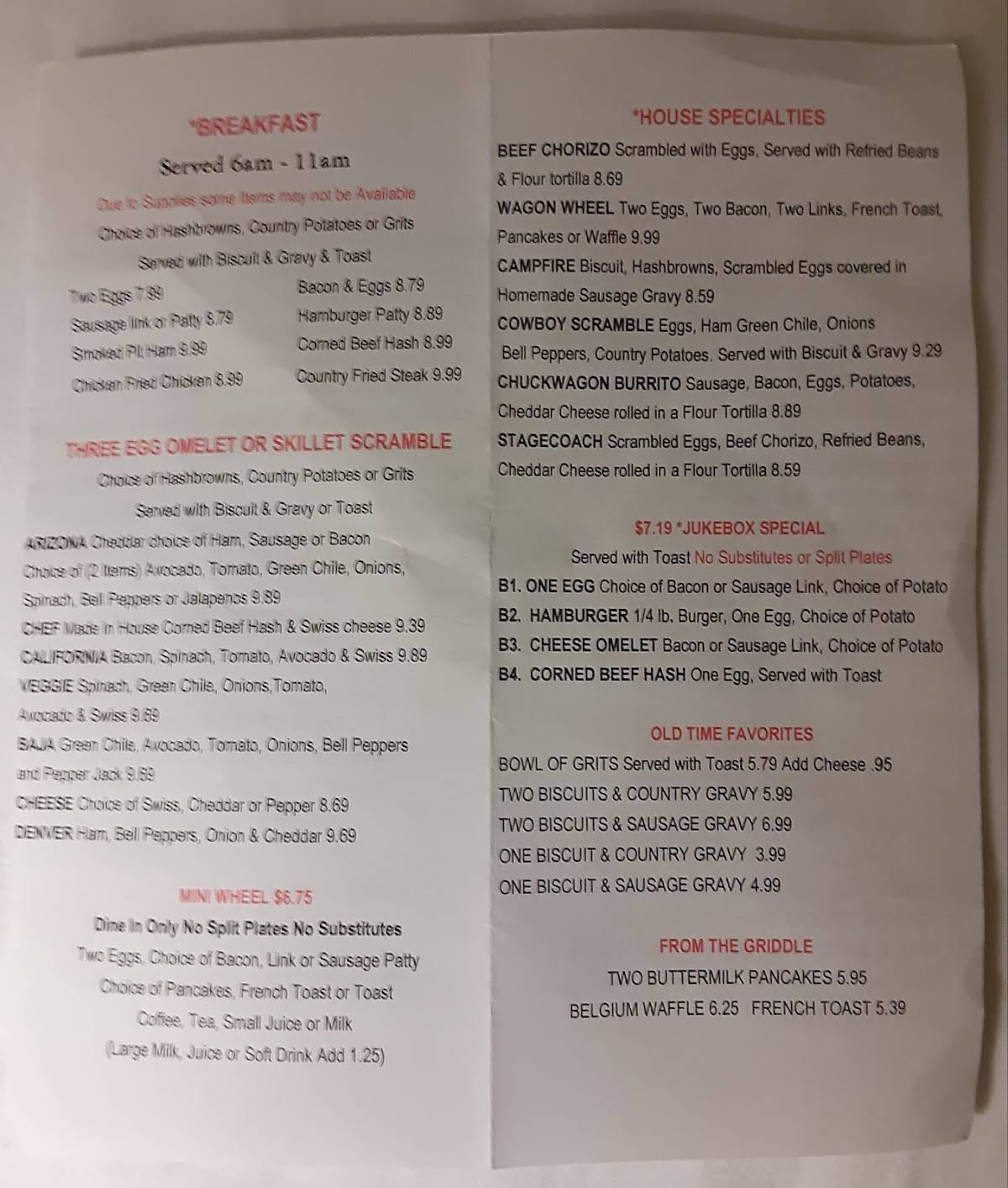 Menu at The Horseshoe cafe, Benson, 154 E 4th St
