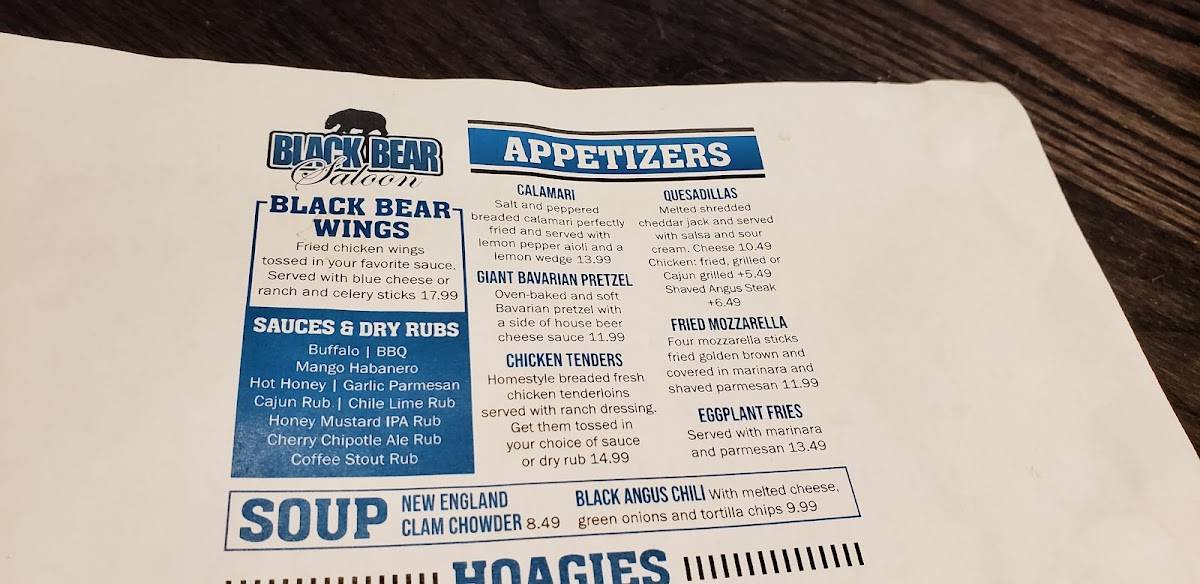 Menu at Black Bear Saloon pub & bar, Windsor Locks