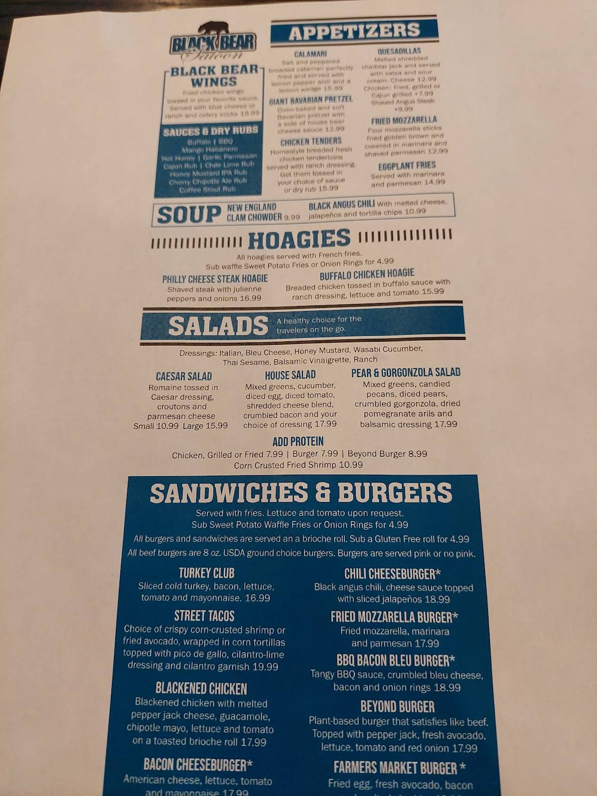 Menu at Black Bear Saloon pub & bar, Windsor Locks