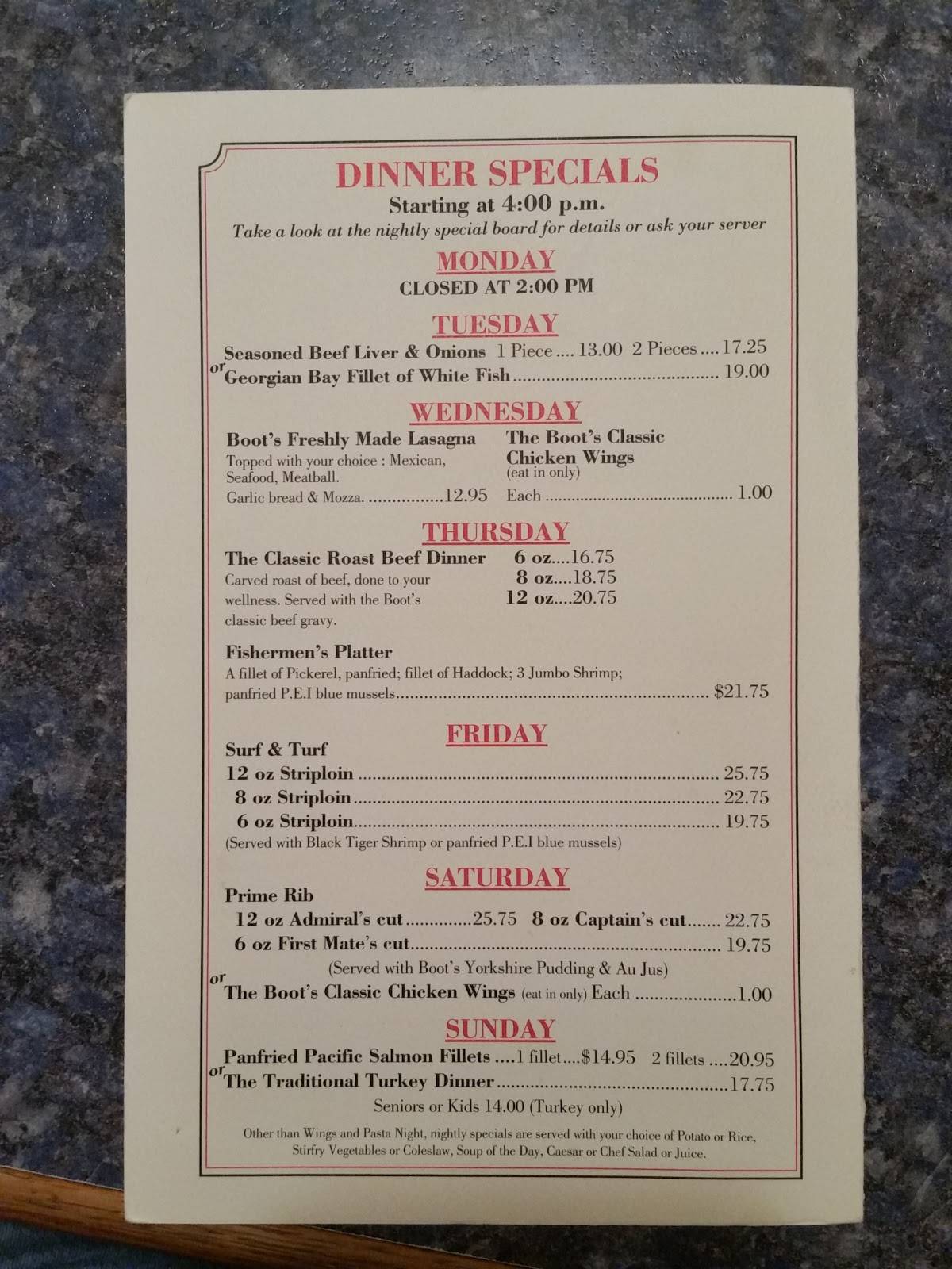 Menu at Boot & Blade Restaurant, Owen Sound
