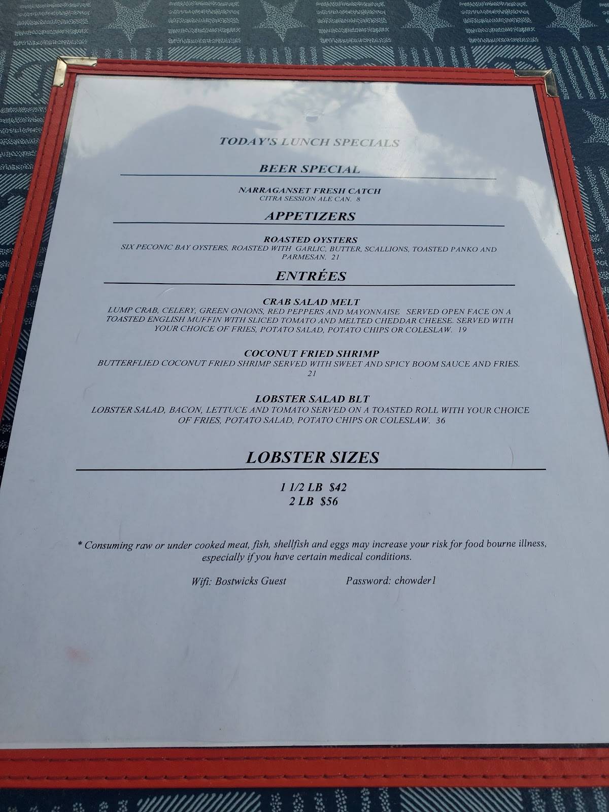 Menu at Bostwick's Chowder House restaurant, East Hampton, 277 Pantigo Rd