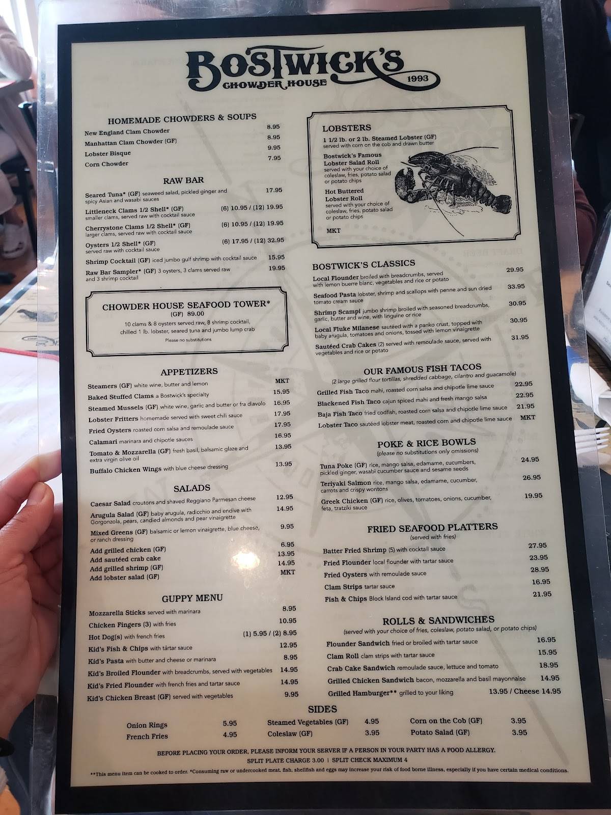 Menu at Bostwick's Chowder House restaurant, East Hampton, 277 Pantigo Rd
