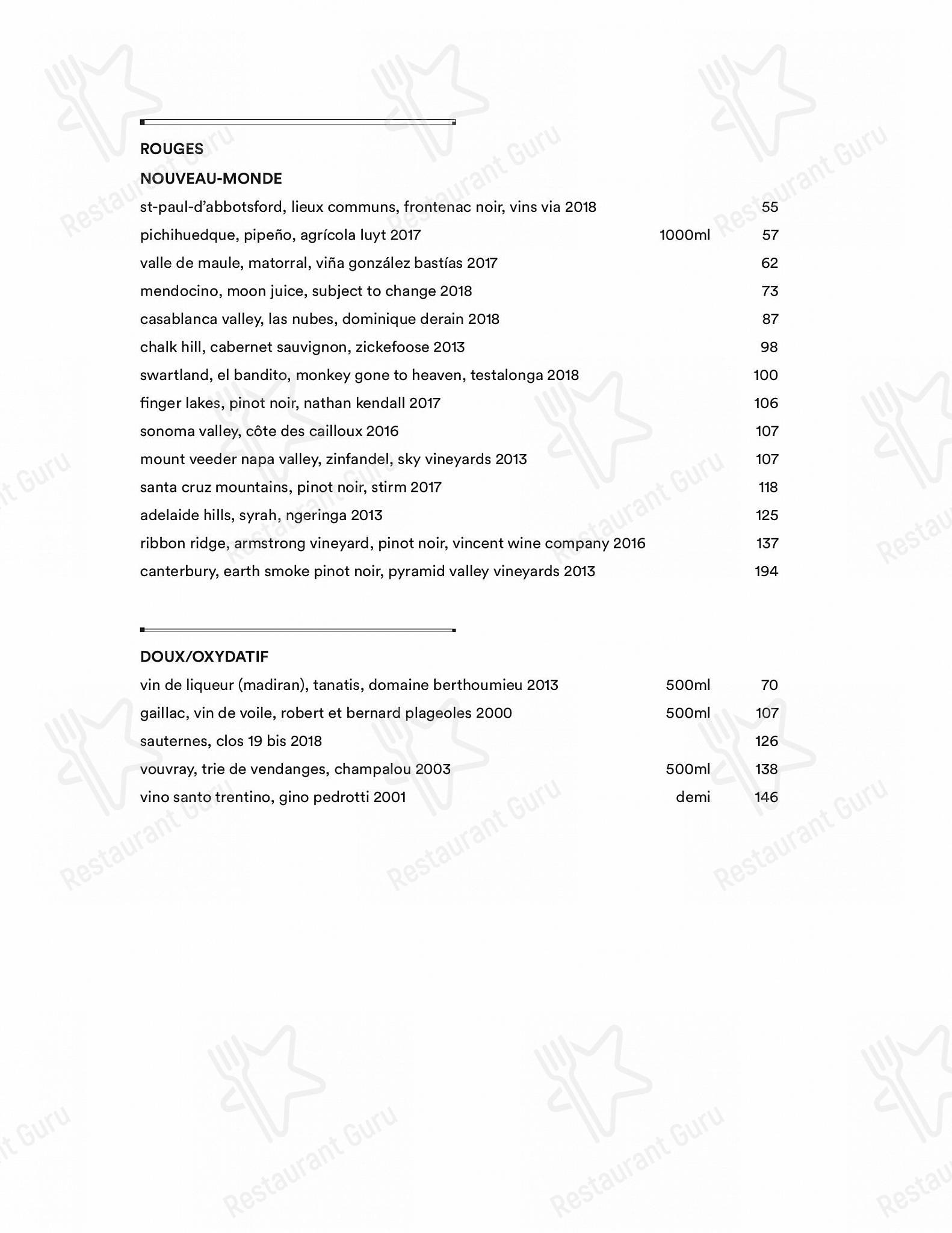 Menu at BOUILLON BILK restaurant, Montréal