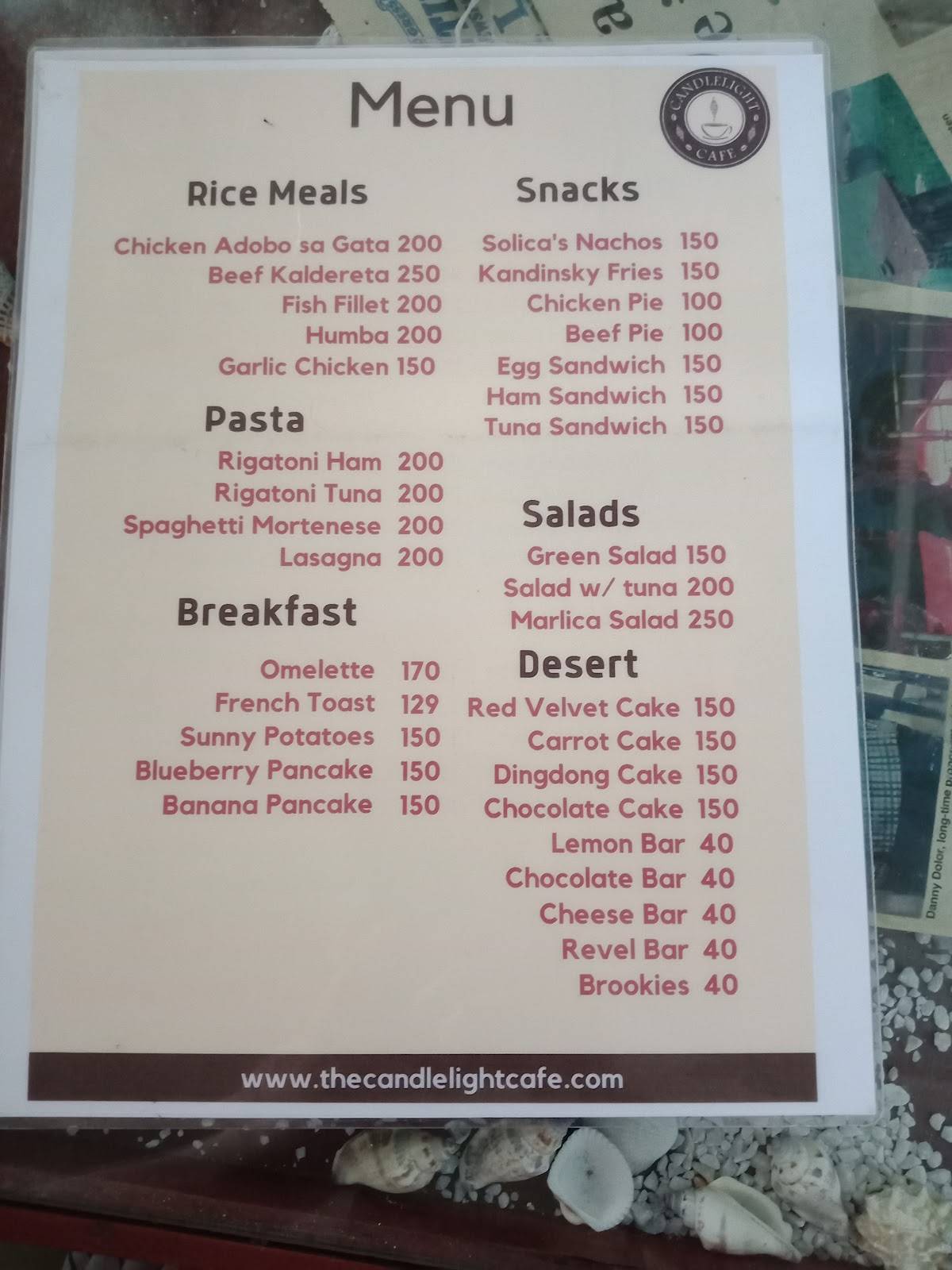 Menu at Candlelight Cafe, Lipa, President Jose P. Laurel Hwy