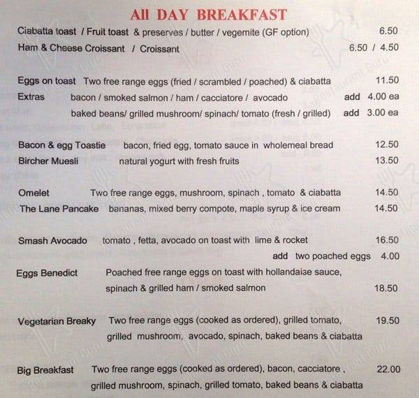 Menu at The Lane Café cafe, Claremont