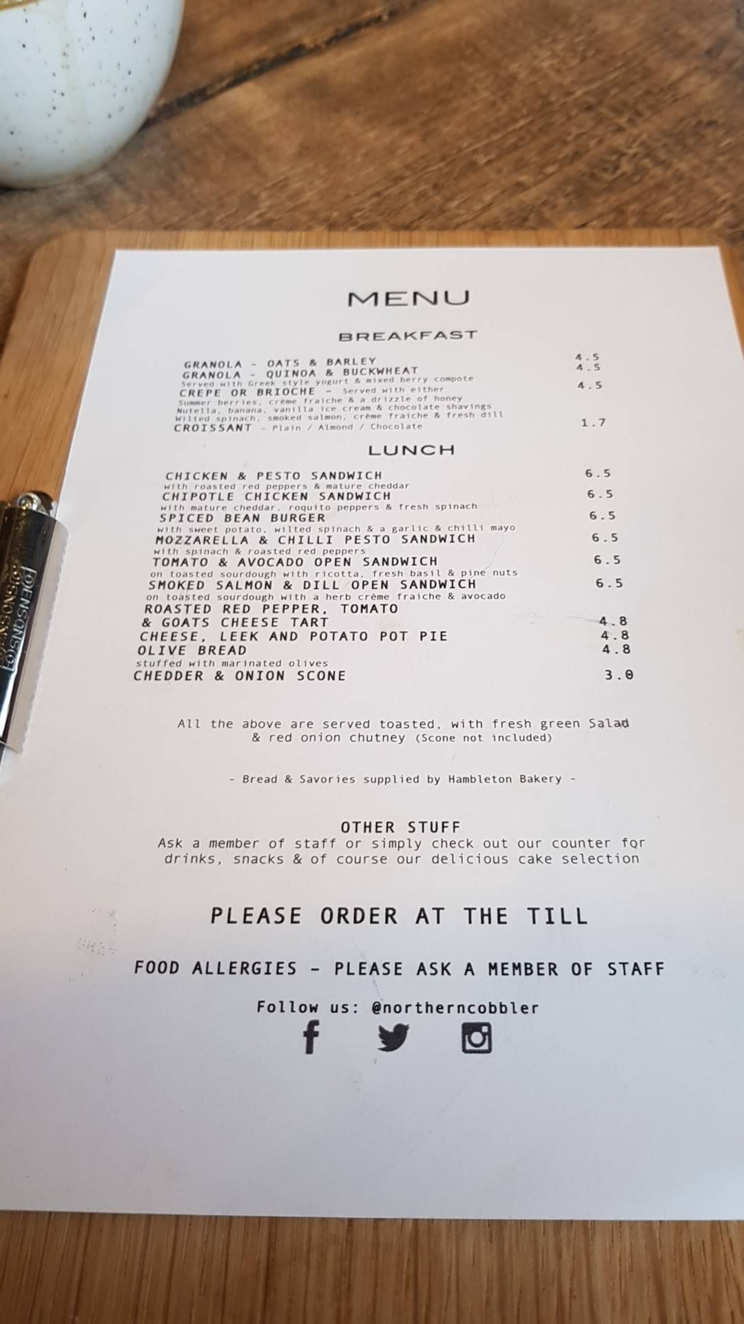 Menu at Northern Cobbler cafe, Leicester, 104 Queens Rd